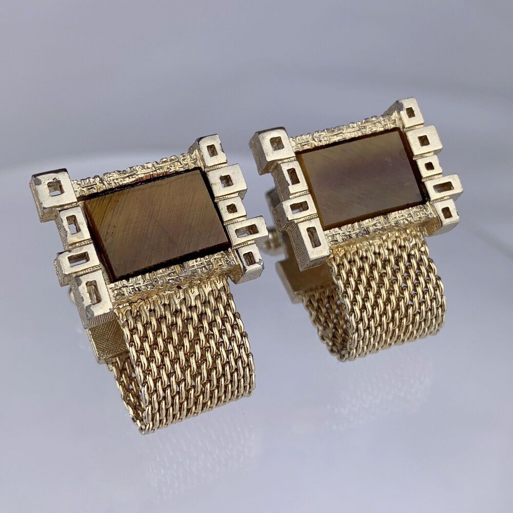 Tigers Eye Mesh Wrap Gold Tone Cufflinks Squares Modernist Retro